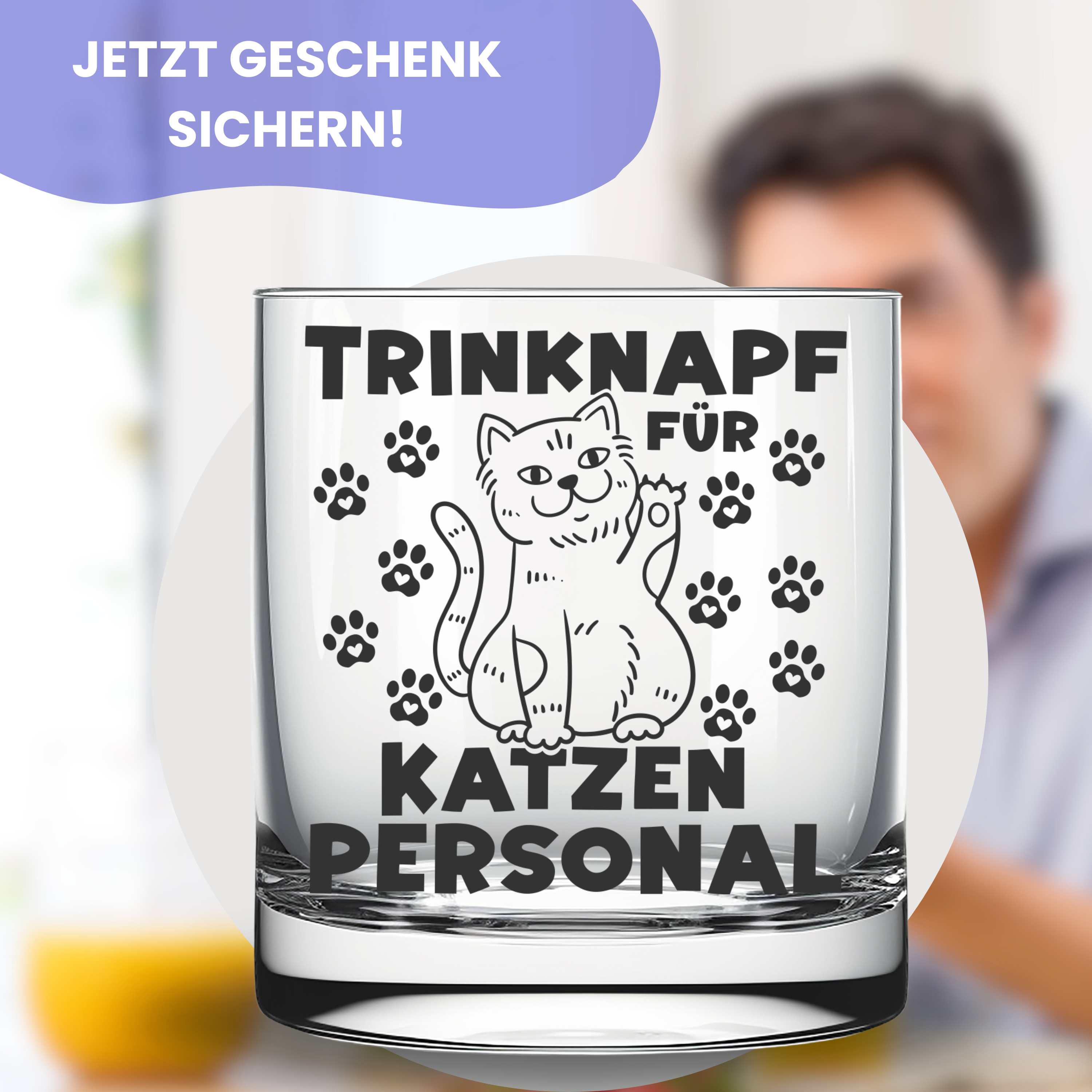 Glas mit Textgravur und Katzenbild darauf