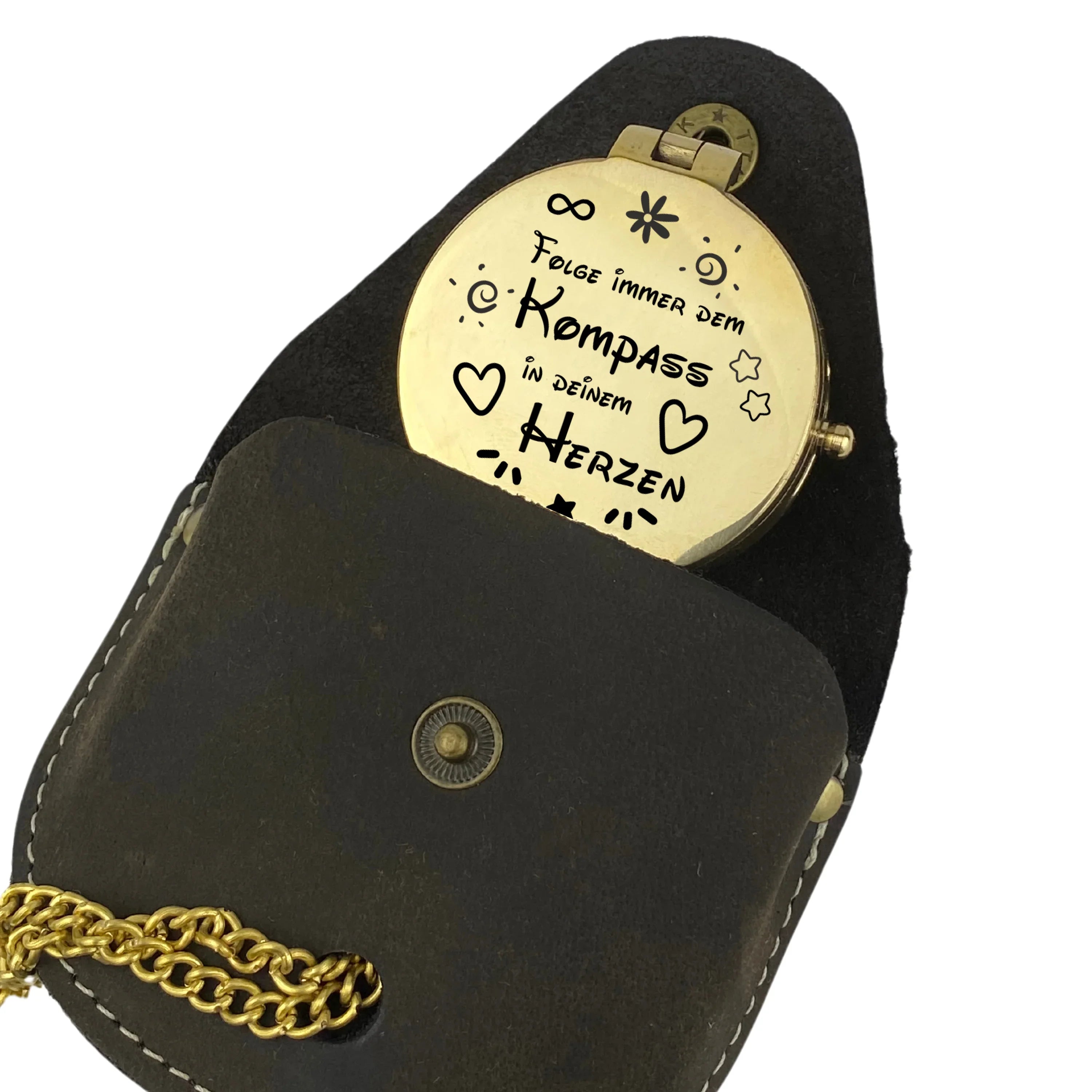 Kompass mit Gravur personalisierbar mit Wunschmotiv und Wunschtext als Geschenk - Folge immer dem Kompass in deinem Herzen in gold