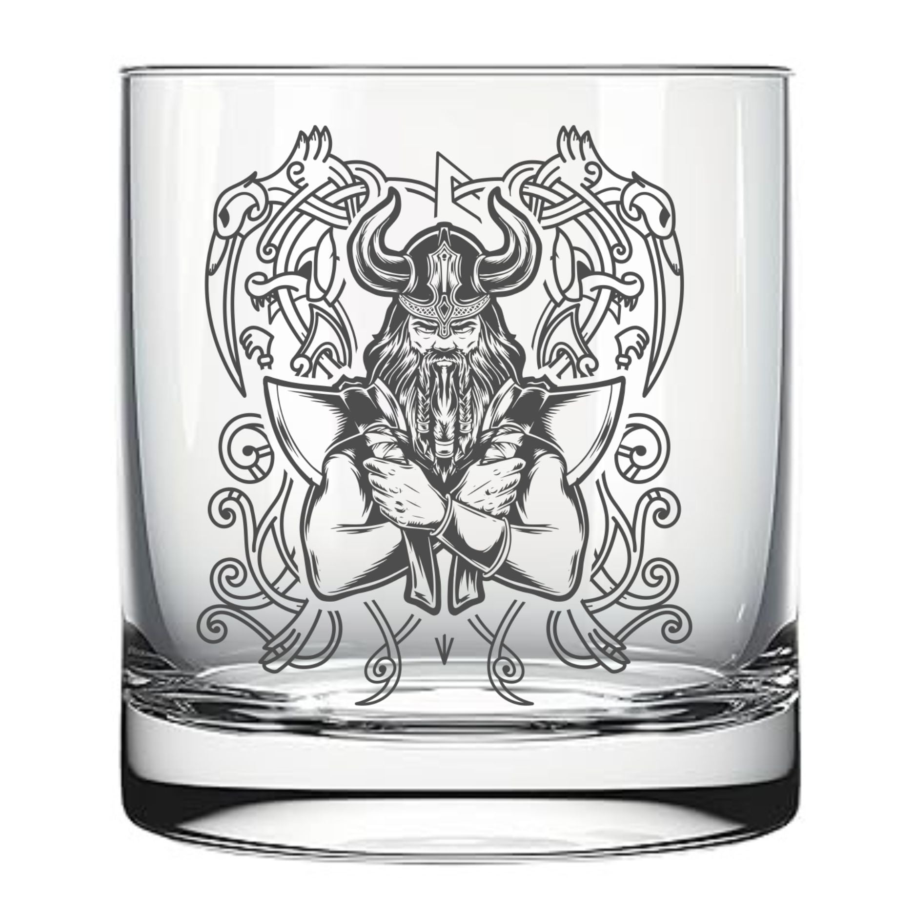 Glas mit Gravur eines Wikingers