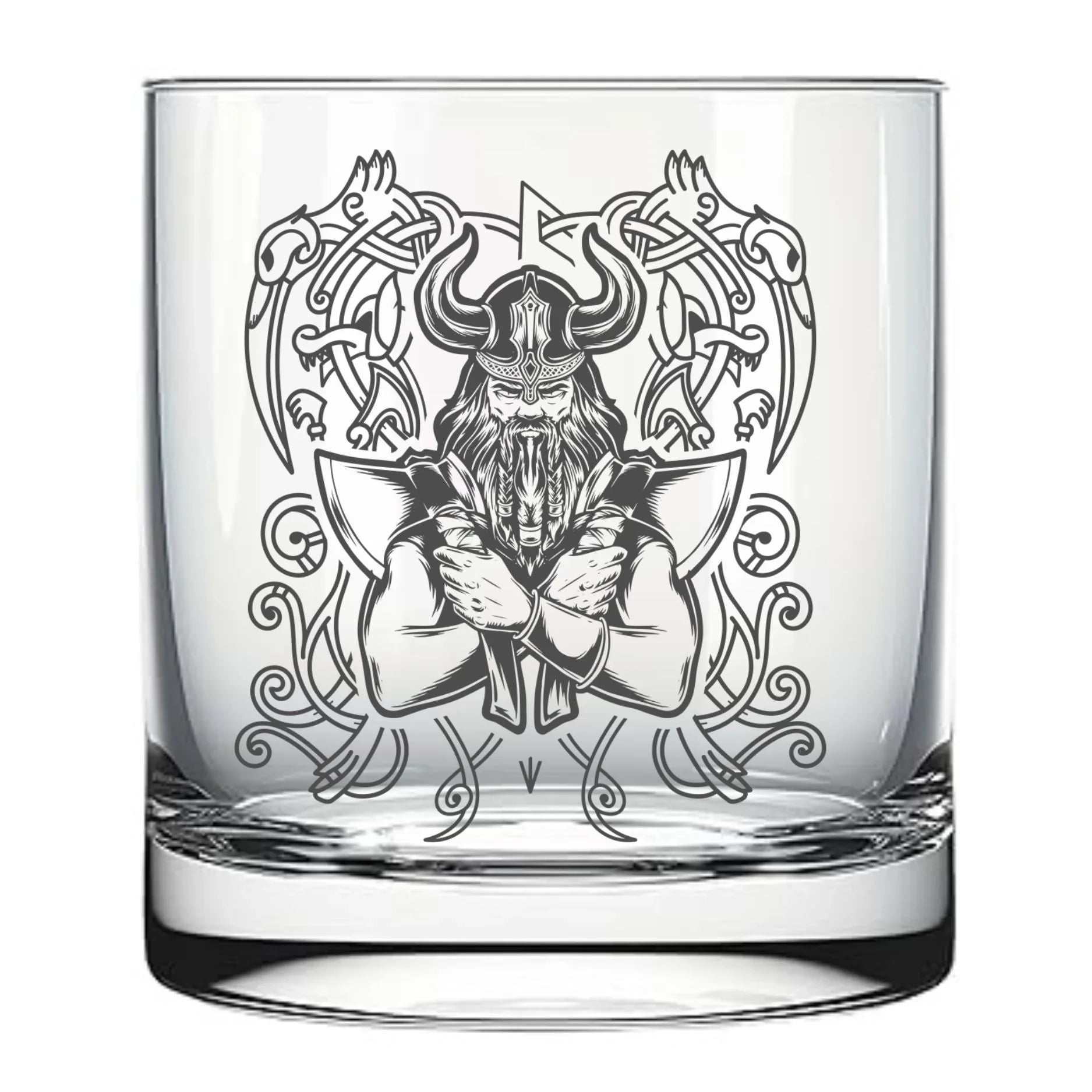Glas mit Gravur eines Wikingers