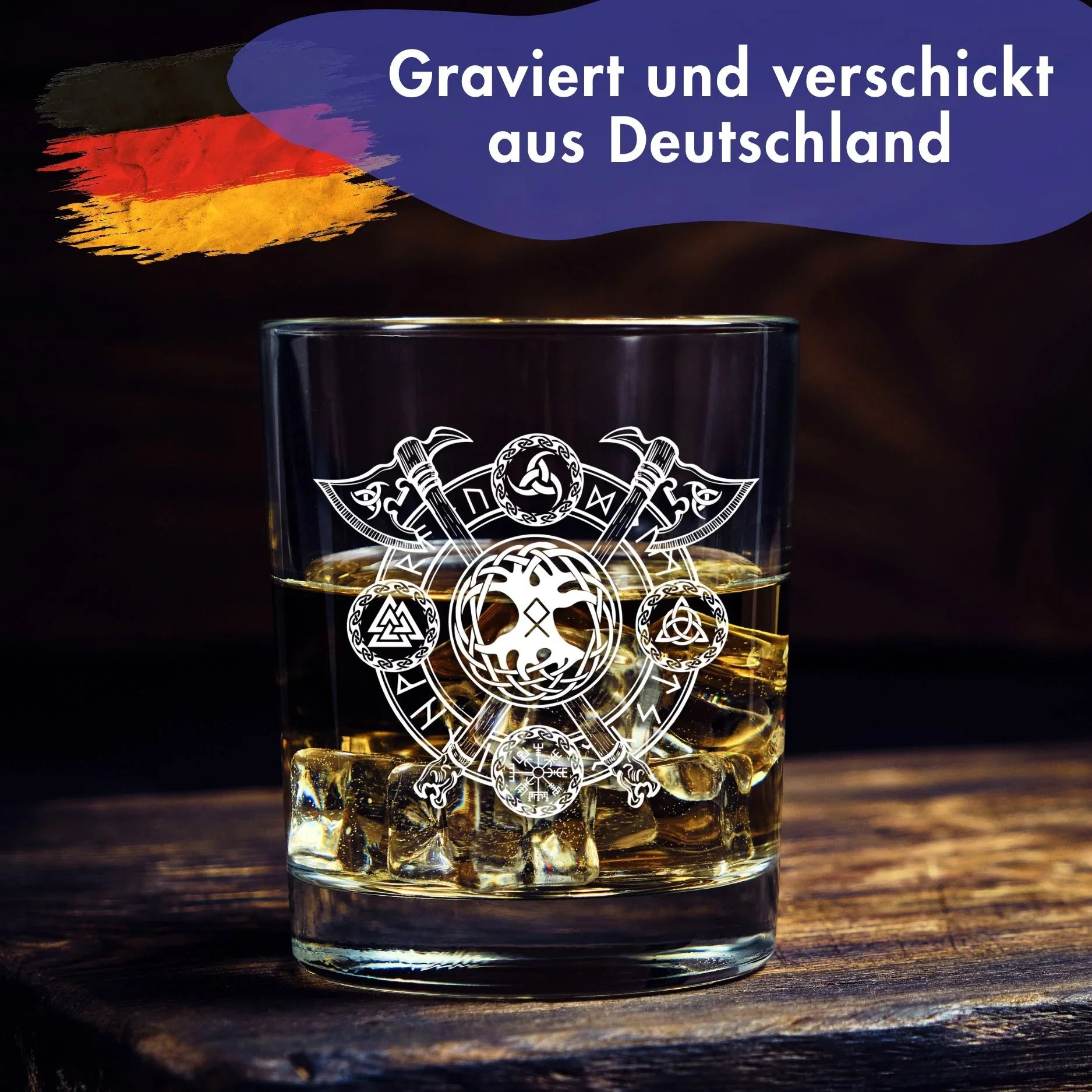 Glas mit Gravur eines Wikingermotivs Made in Germany