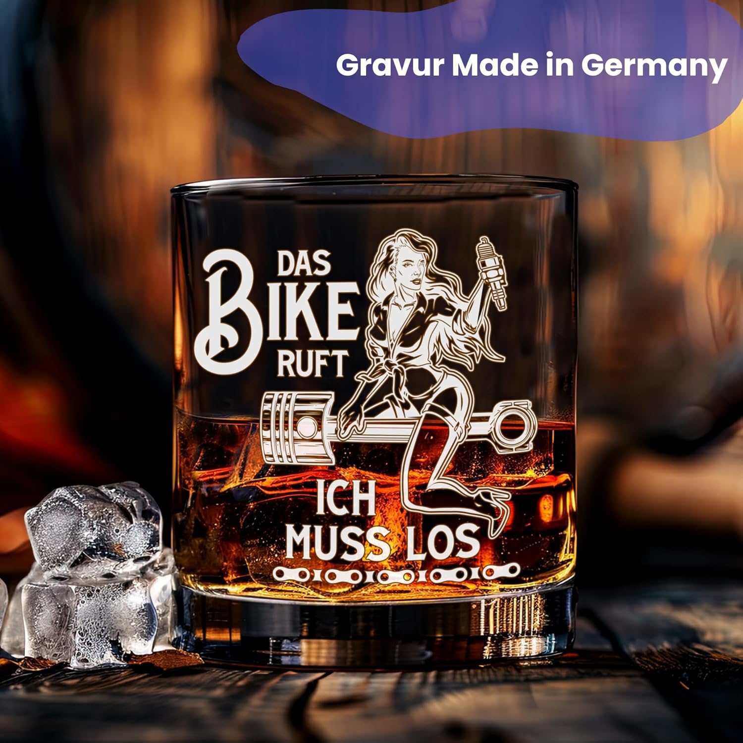 Glas mit Gravur Motorrad Frau