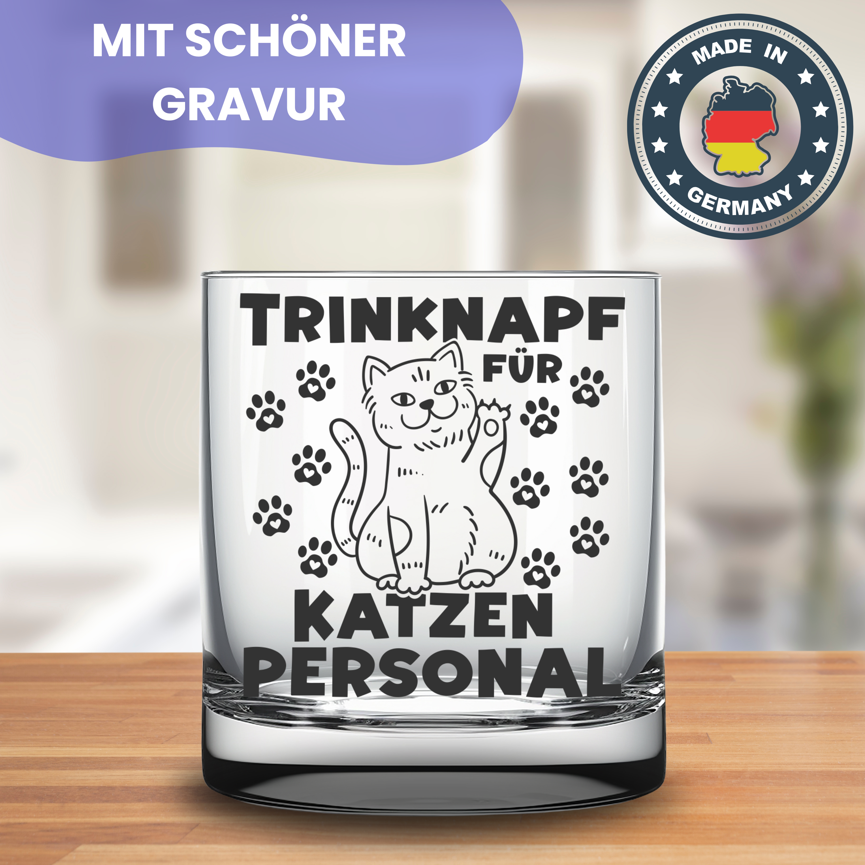 Glas mit Textgravur und Katzenbild