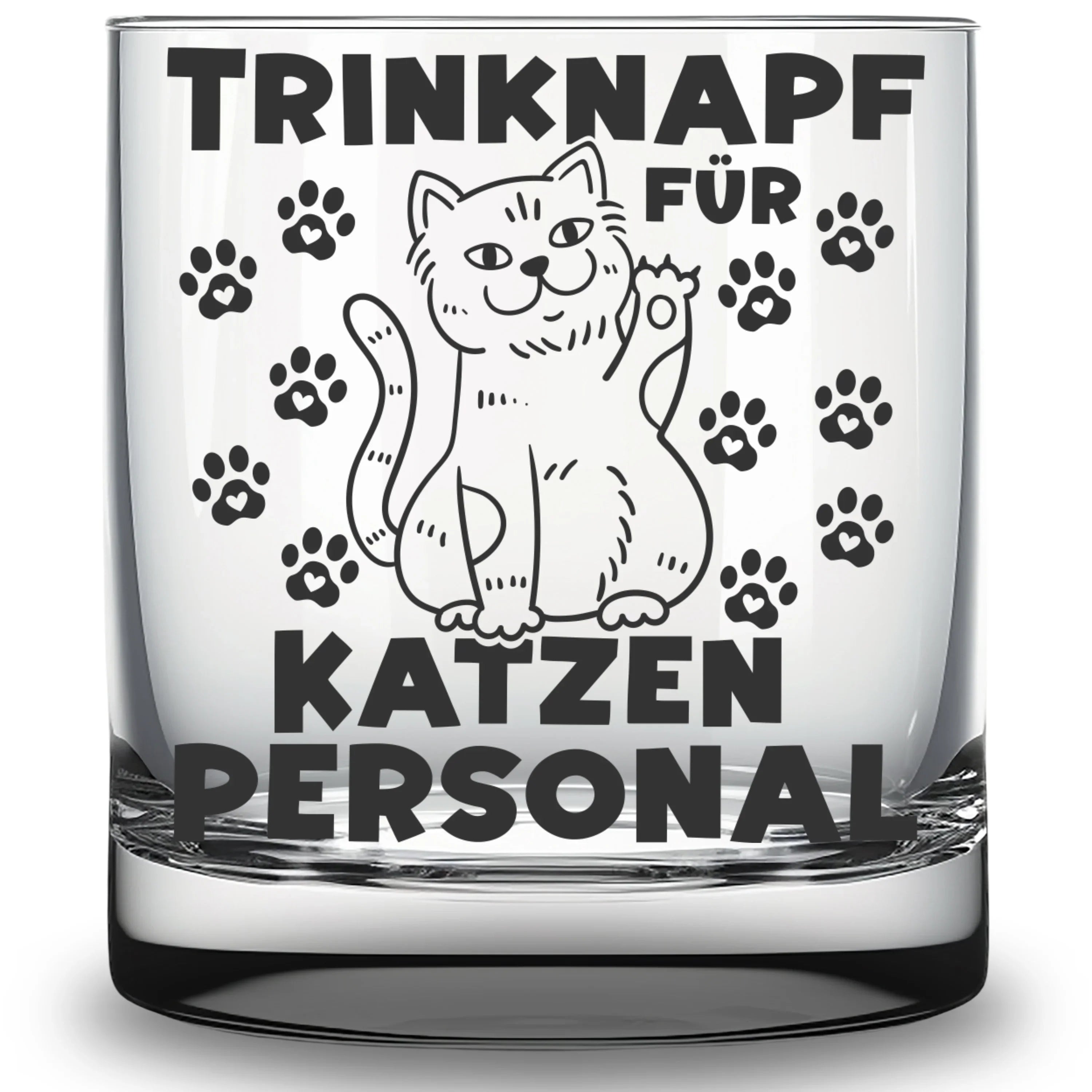 Glas mit Textgravur und Katzenbild darauf