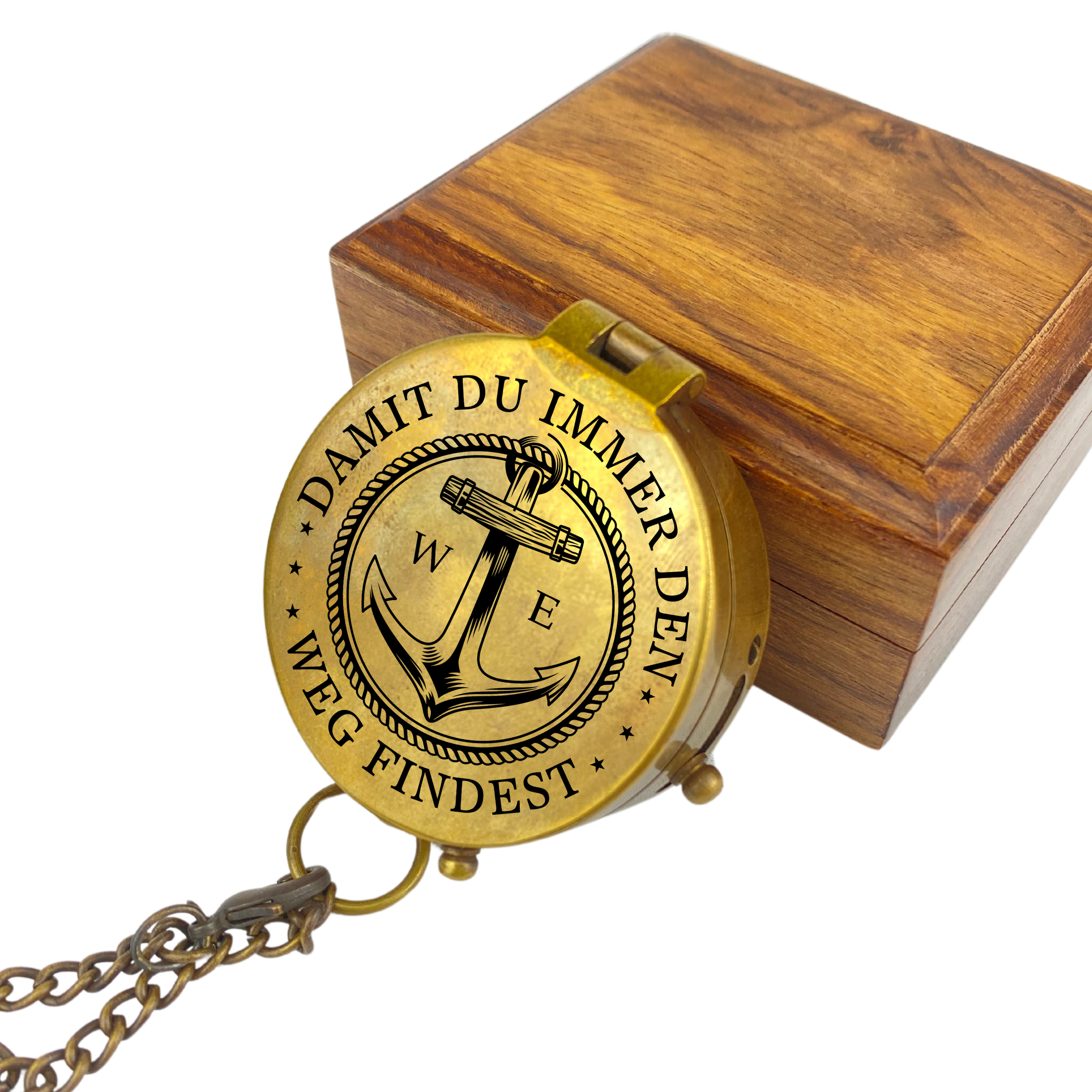 Kompass Vintage Messing mit Gravur Nautic Schiffahrt personalisiert Anker mit Holzbox Geschenkbox