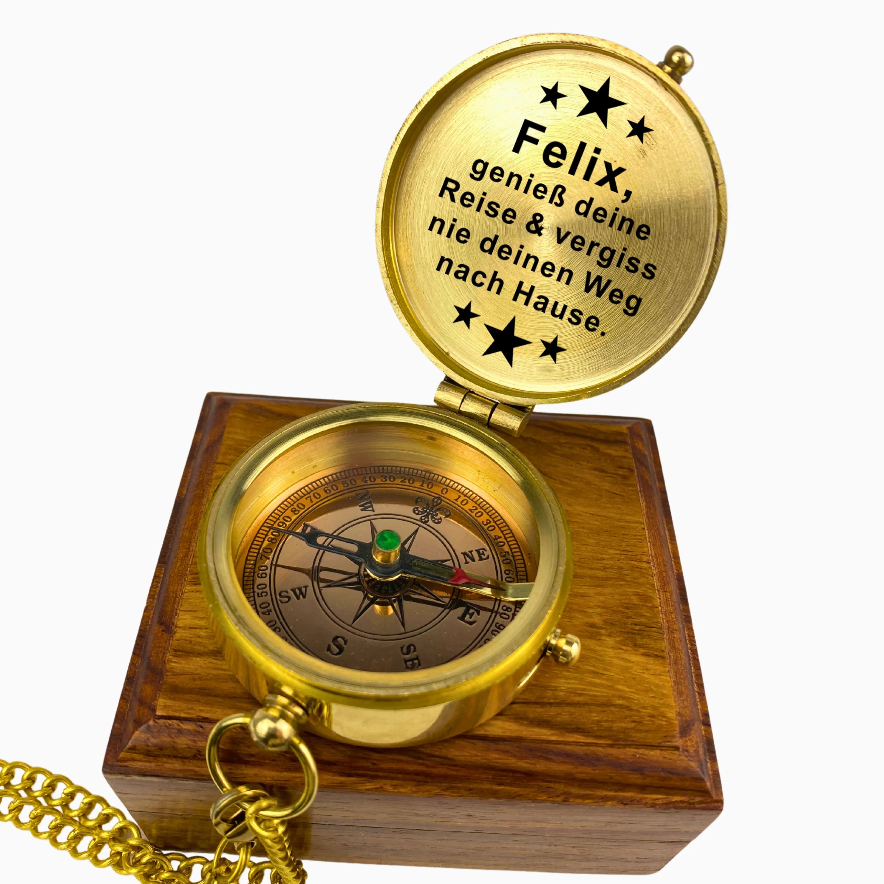 Kompass gold auf Holzbox mit Innengravur Sterne