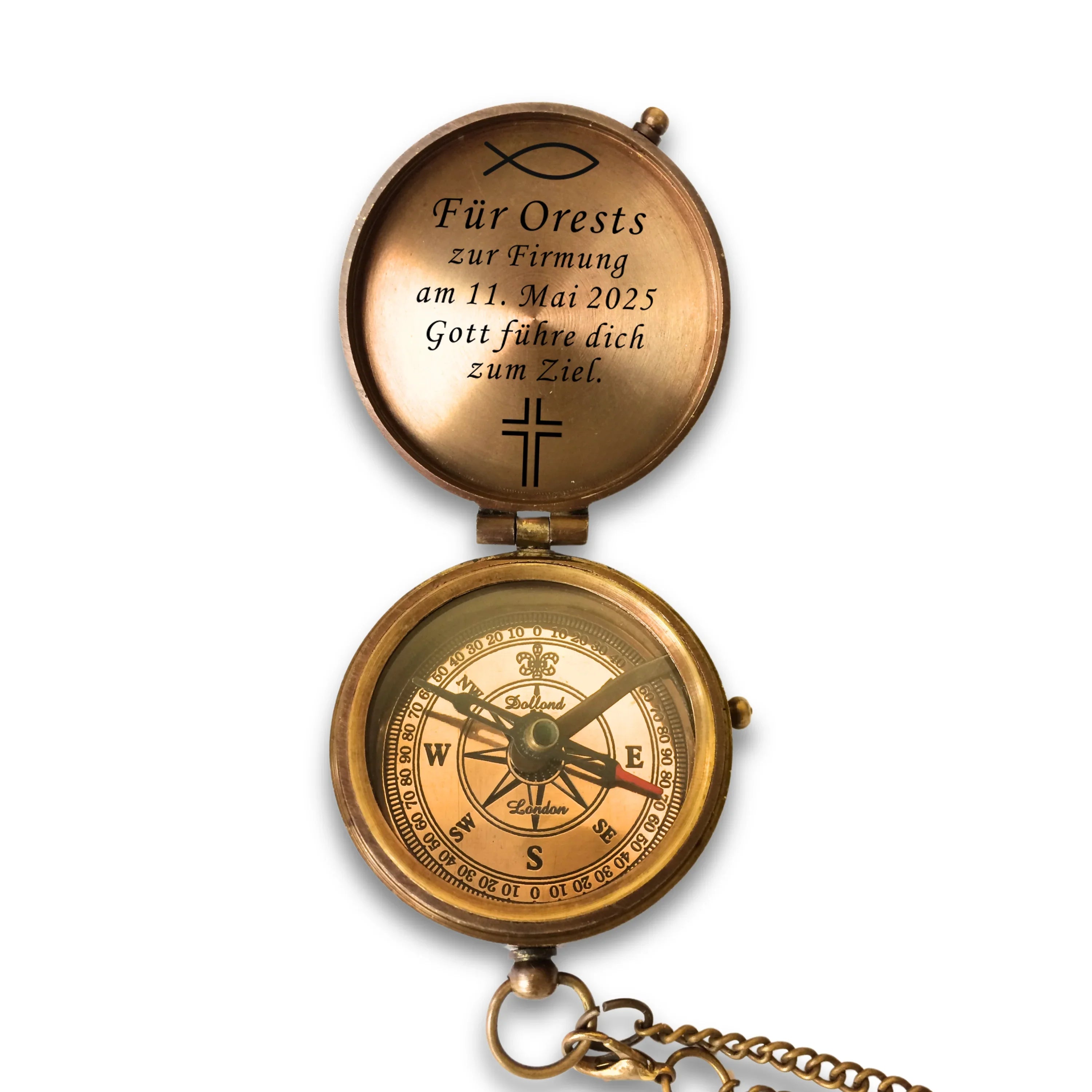 Kompass im Vintage-Stil mit Gravur „Kirche Christentum“ für die Taufe