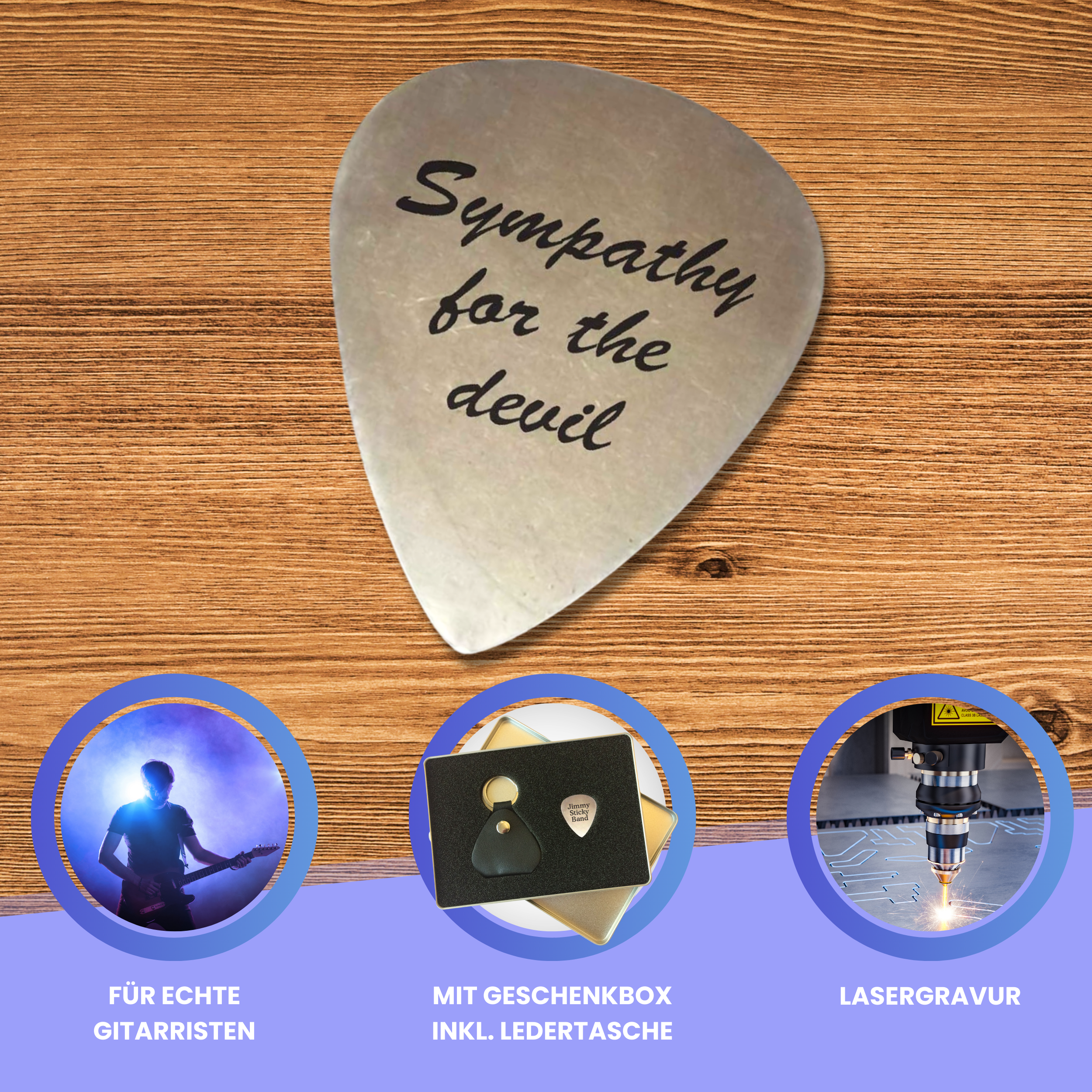 Plektrum Edelstahl mit Gravur Text in Geschenkbox