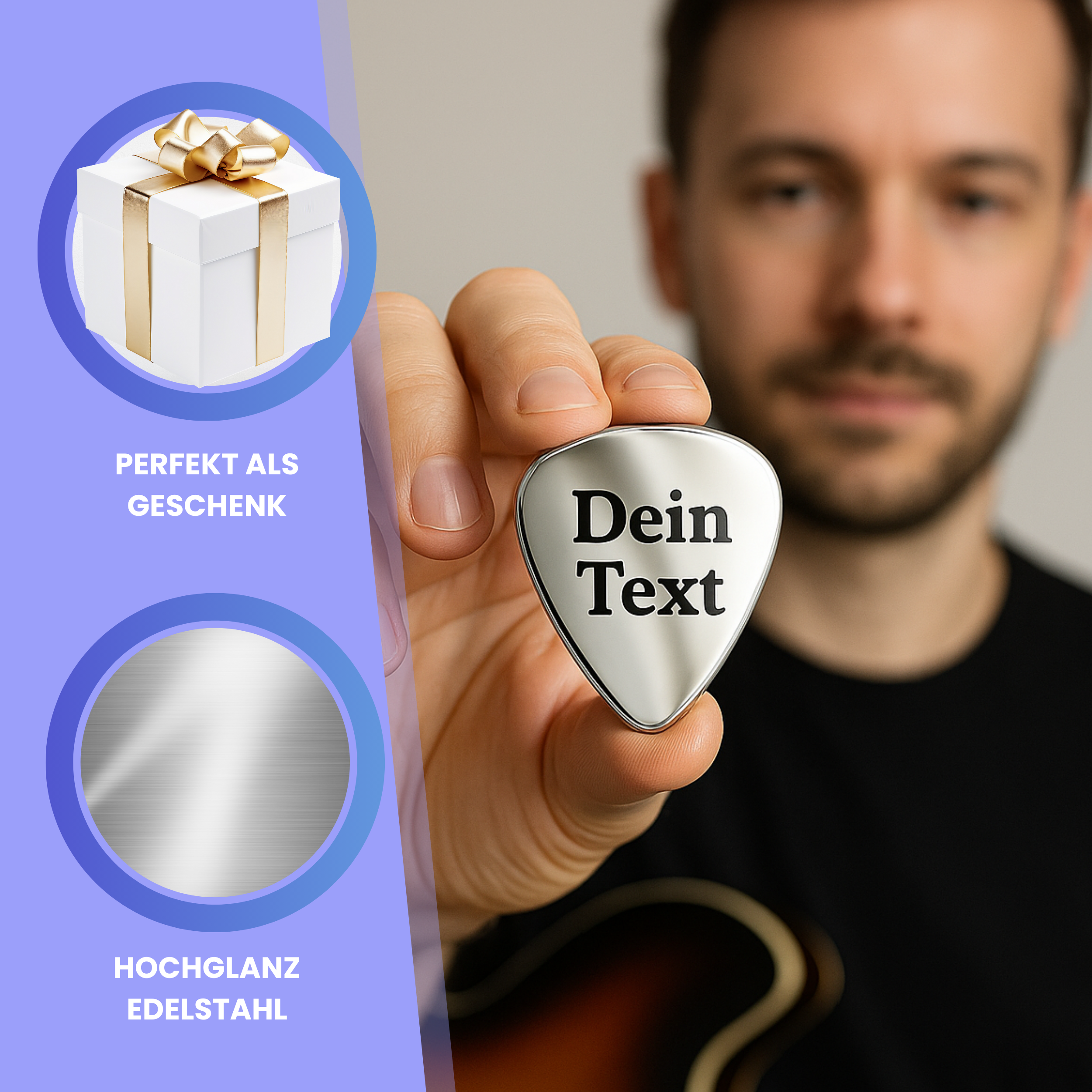 Plektrum Edelstahl mit Gravur in Geschenkbox