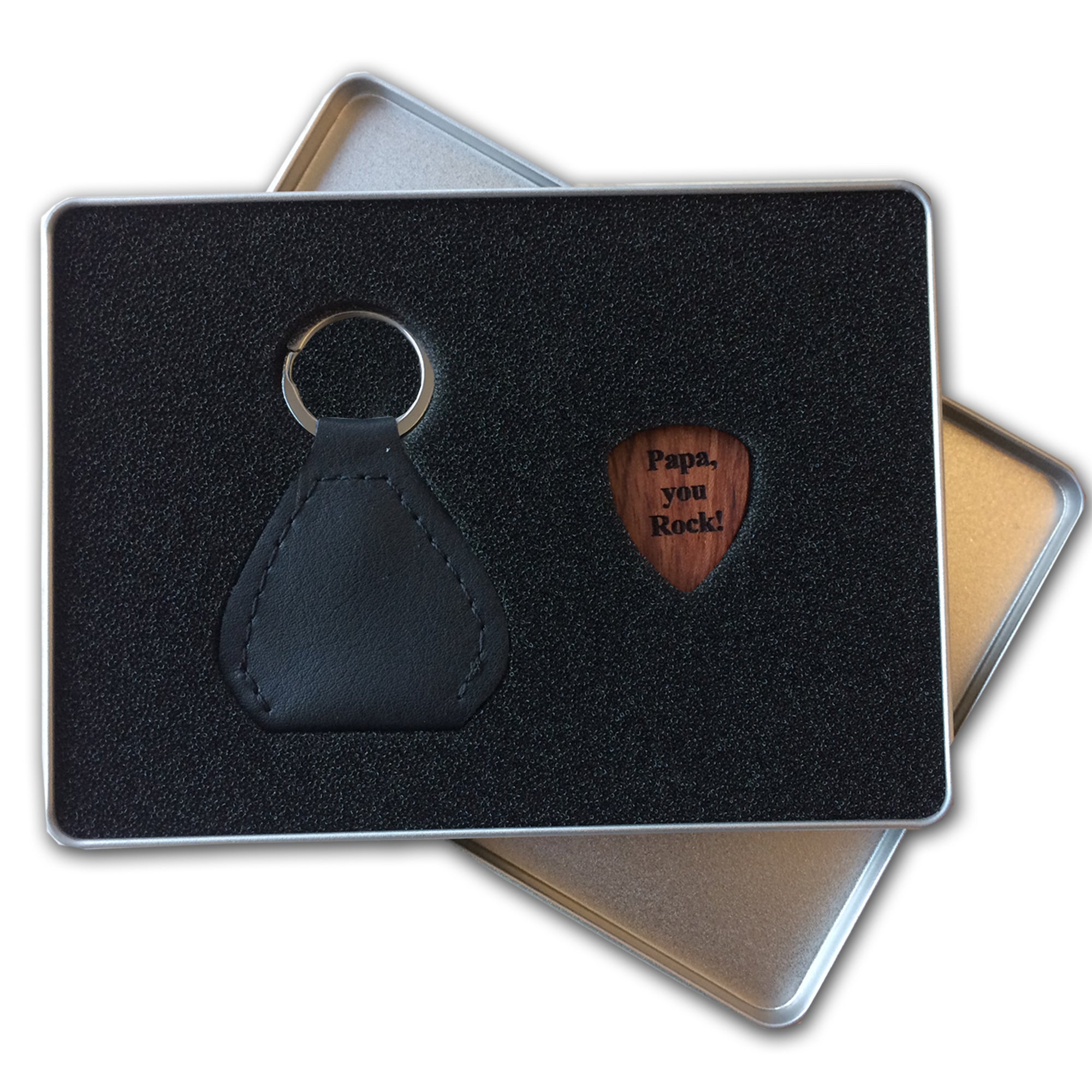 Plektrum in Edelstahlbox mit Gravur Holz