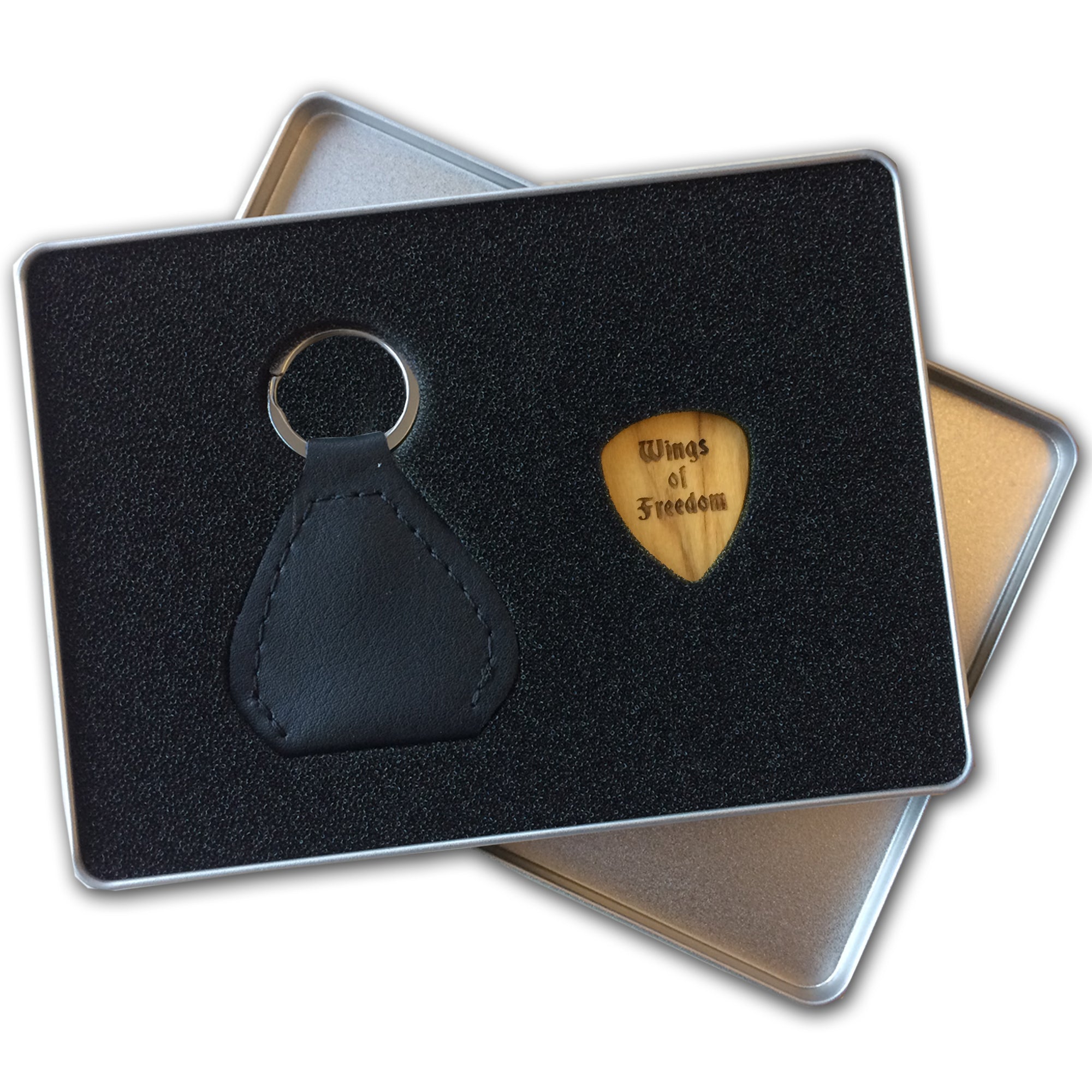 Plektrum in Edelstahlbox mit Gravur Holz