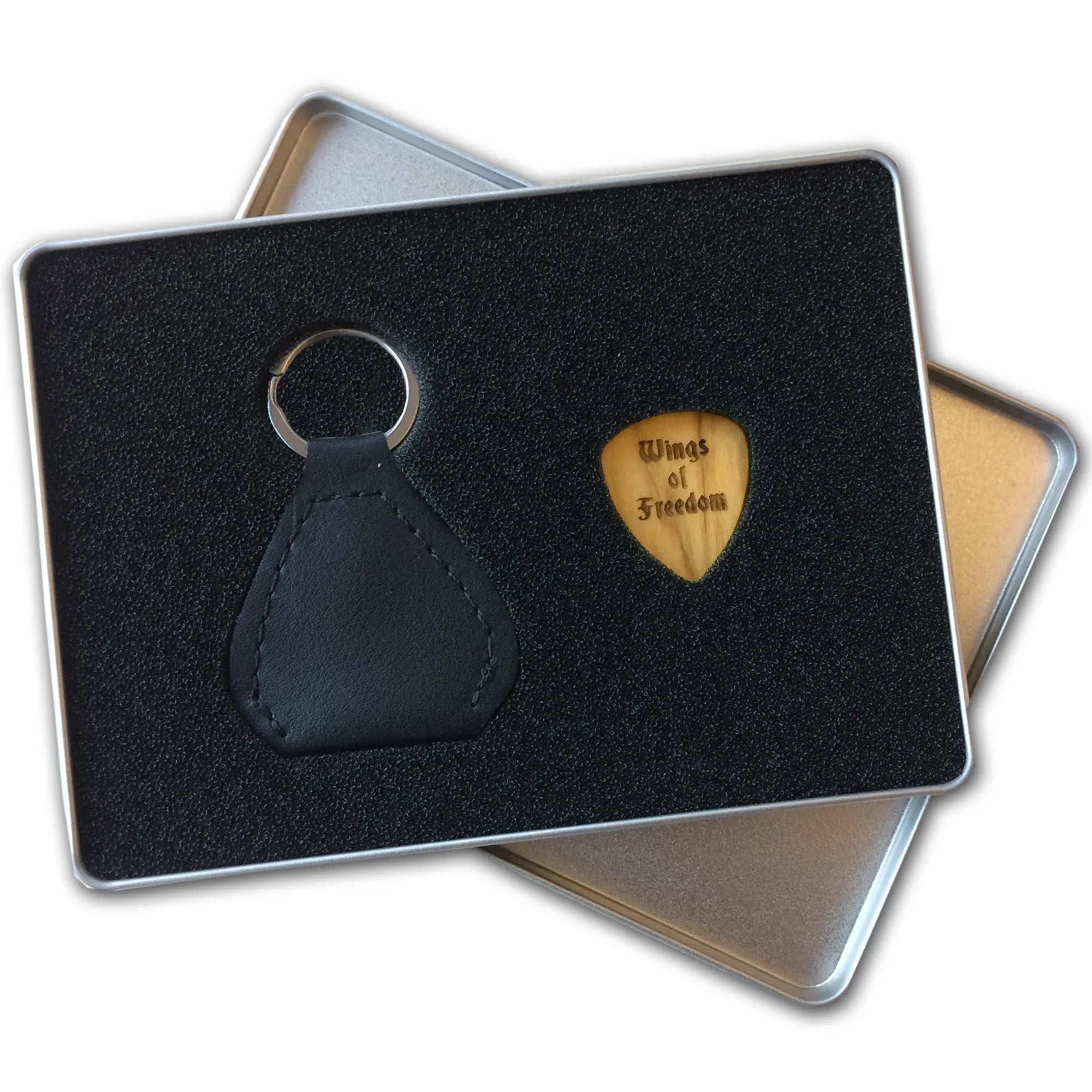 Plektrum in Edelstahlbox mit Gravur Holz