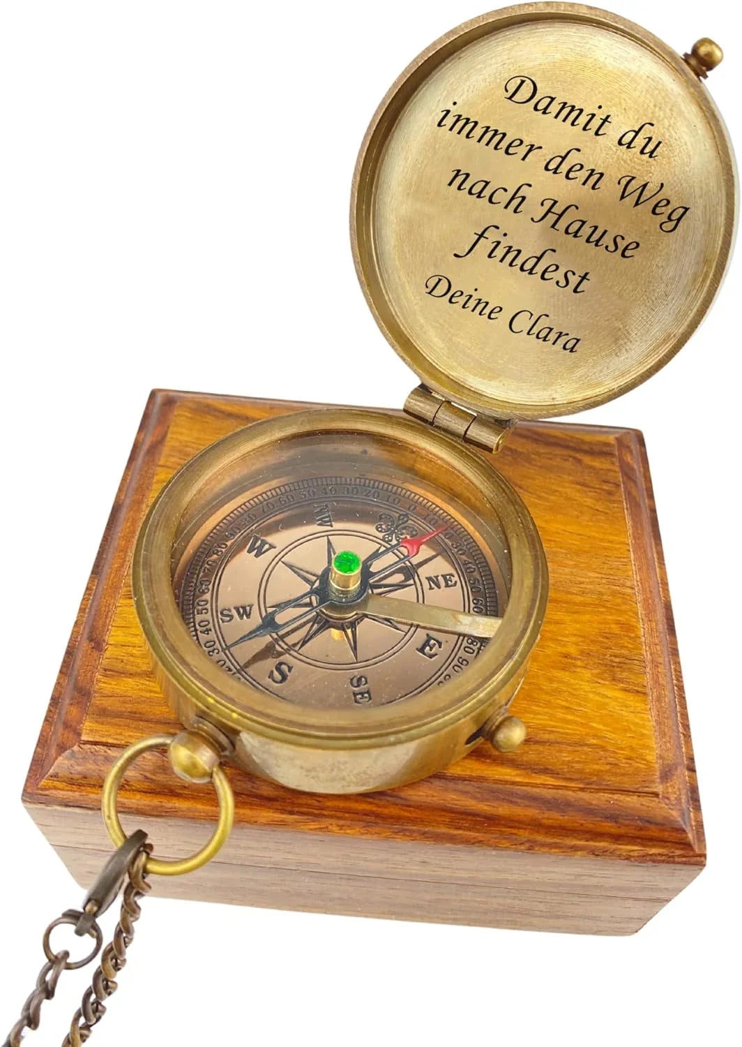 Kompass auf Holzbox vintage mit Textgravur