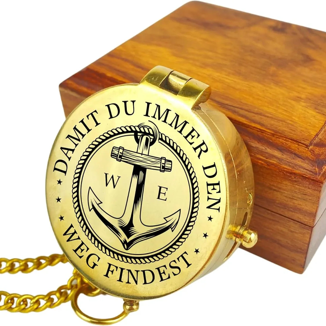 Holzbox. Kompass in gold mit Gravur Anker