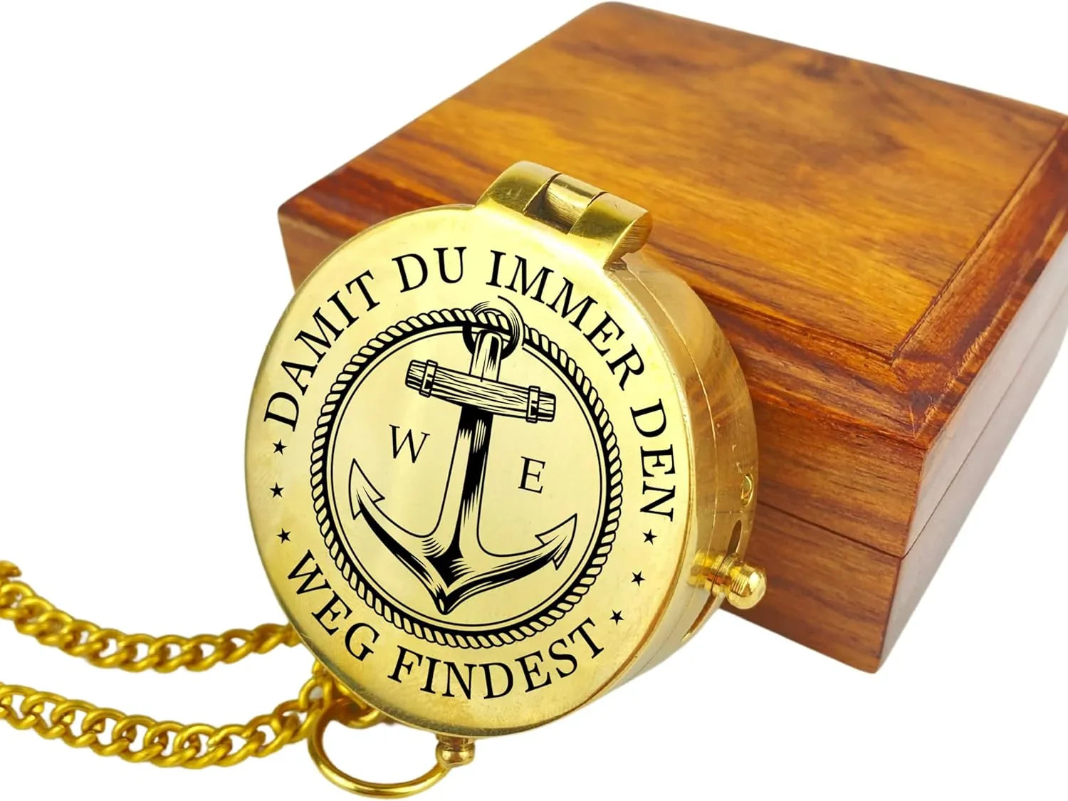 Holzbox. Kompass in gold mit Gravur Anker
