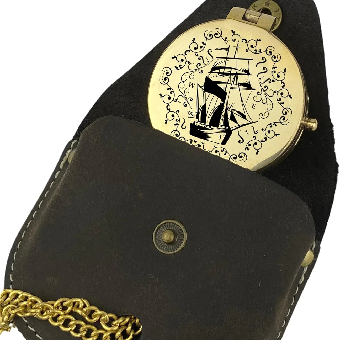Leder Etui. Kompass in gold mit Gravur Schiff