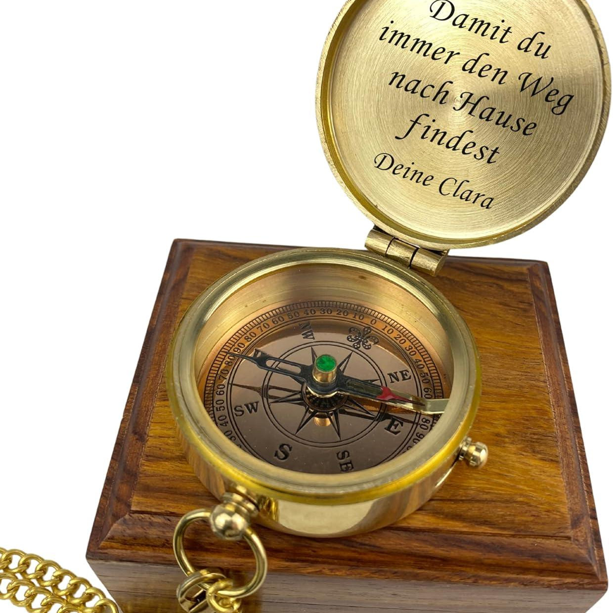 Kompass gold mit Gravur Holzbox Geschenk