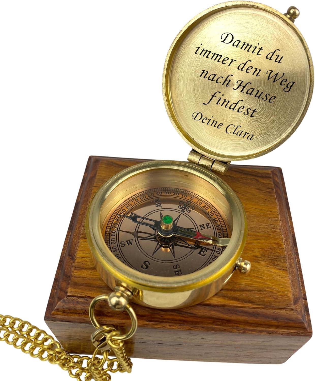 Kompass gold mit Gravur Holzbox Geschenk