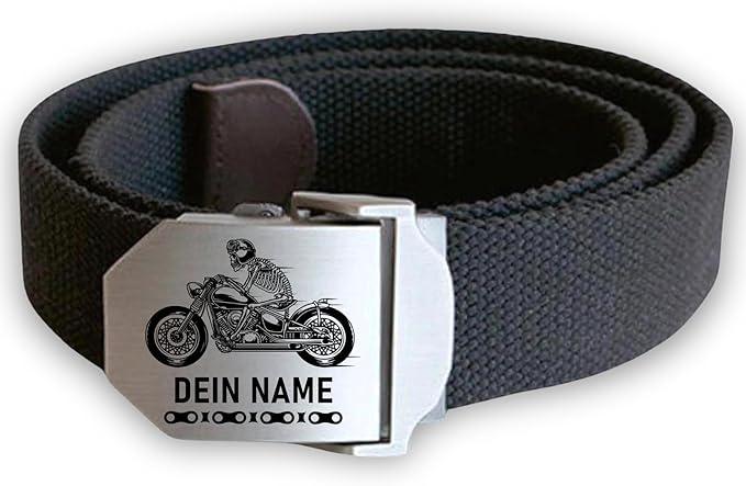 Gürtel mit Edelstahlschnalle und Motorrad Gravur Skelett