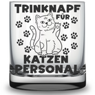 Glas mit Textgravur und Katzenbild darauf 