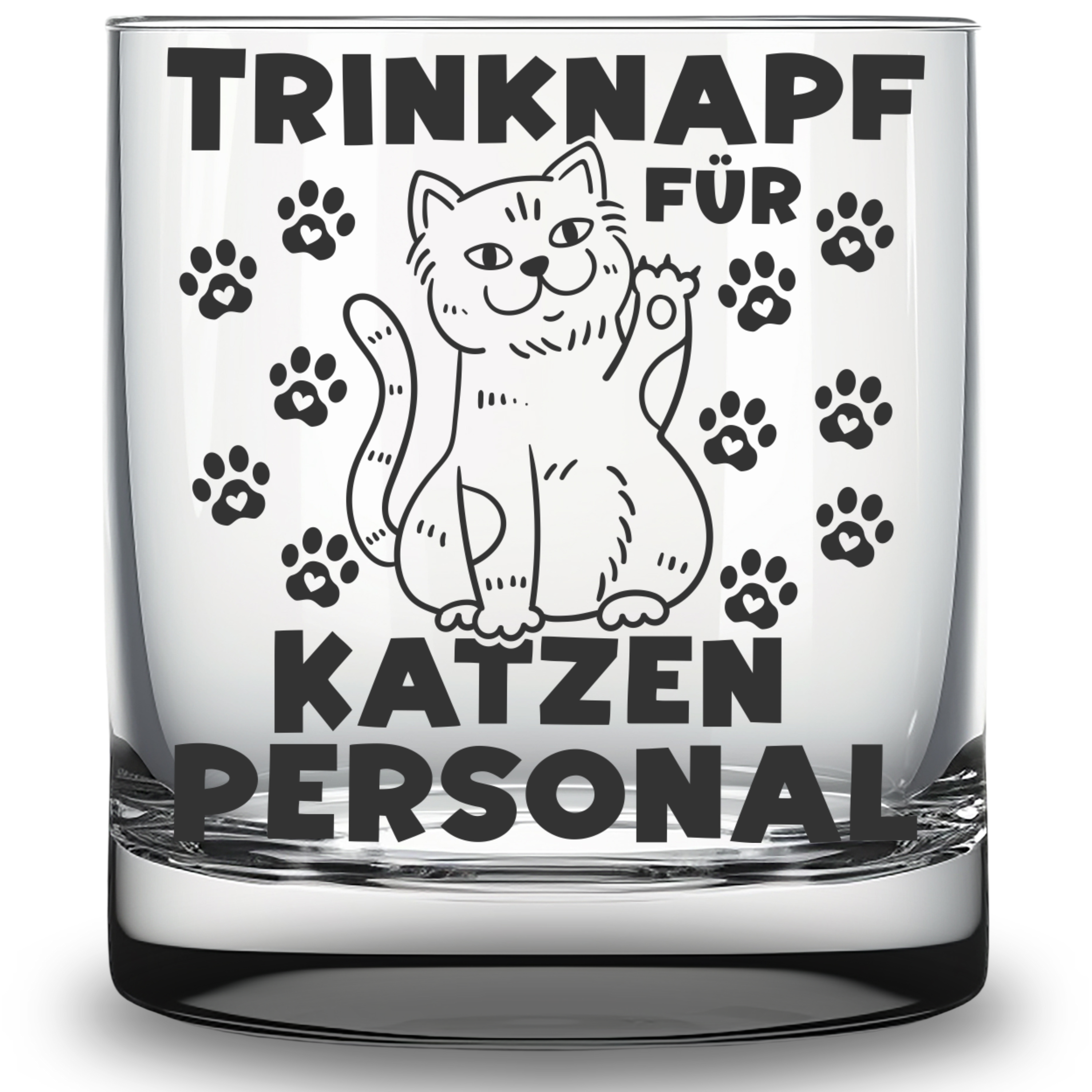 Glas mit Textgravur und Katzenbild darauf 