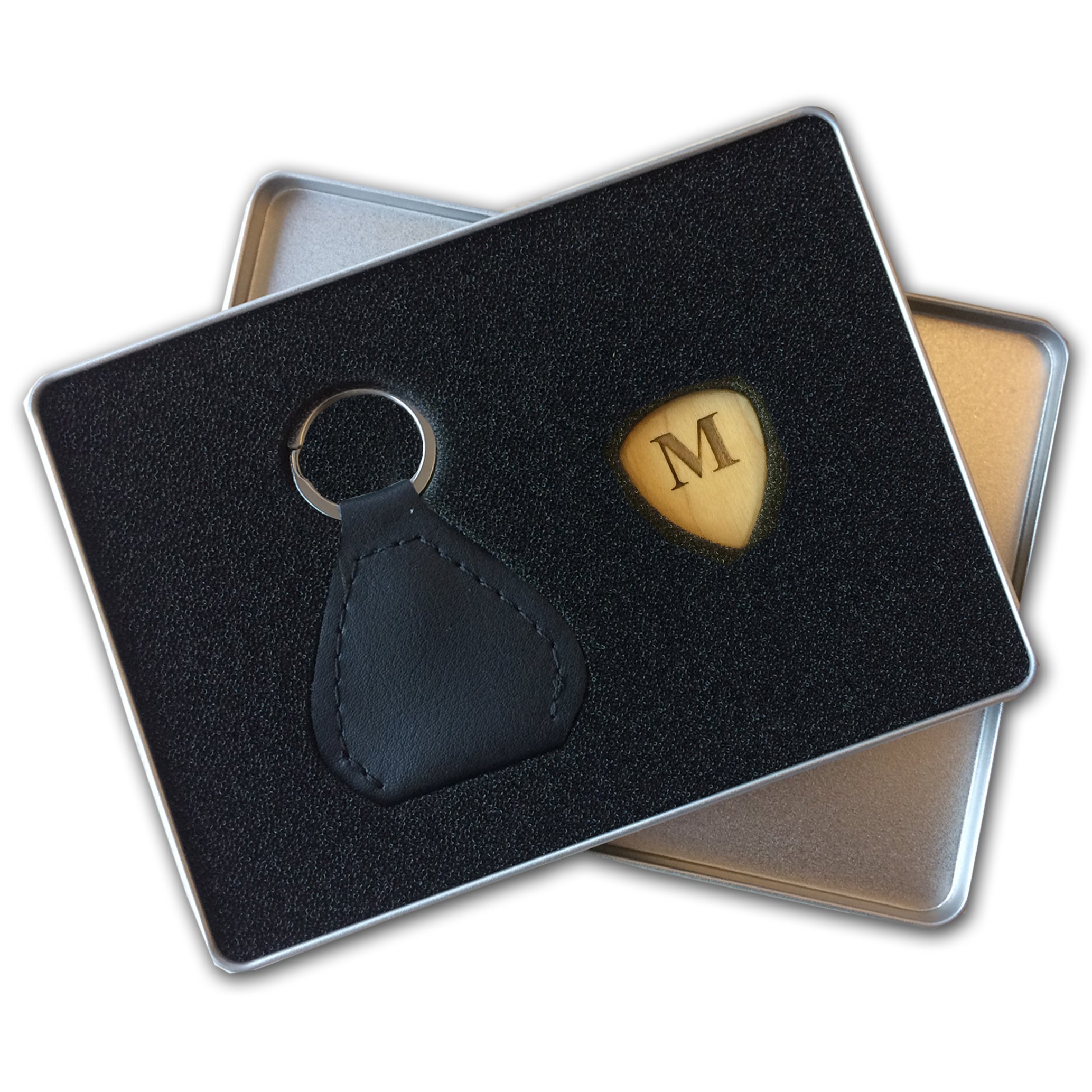 Plektrum in Edelstahlbox mit Gravur Holz