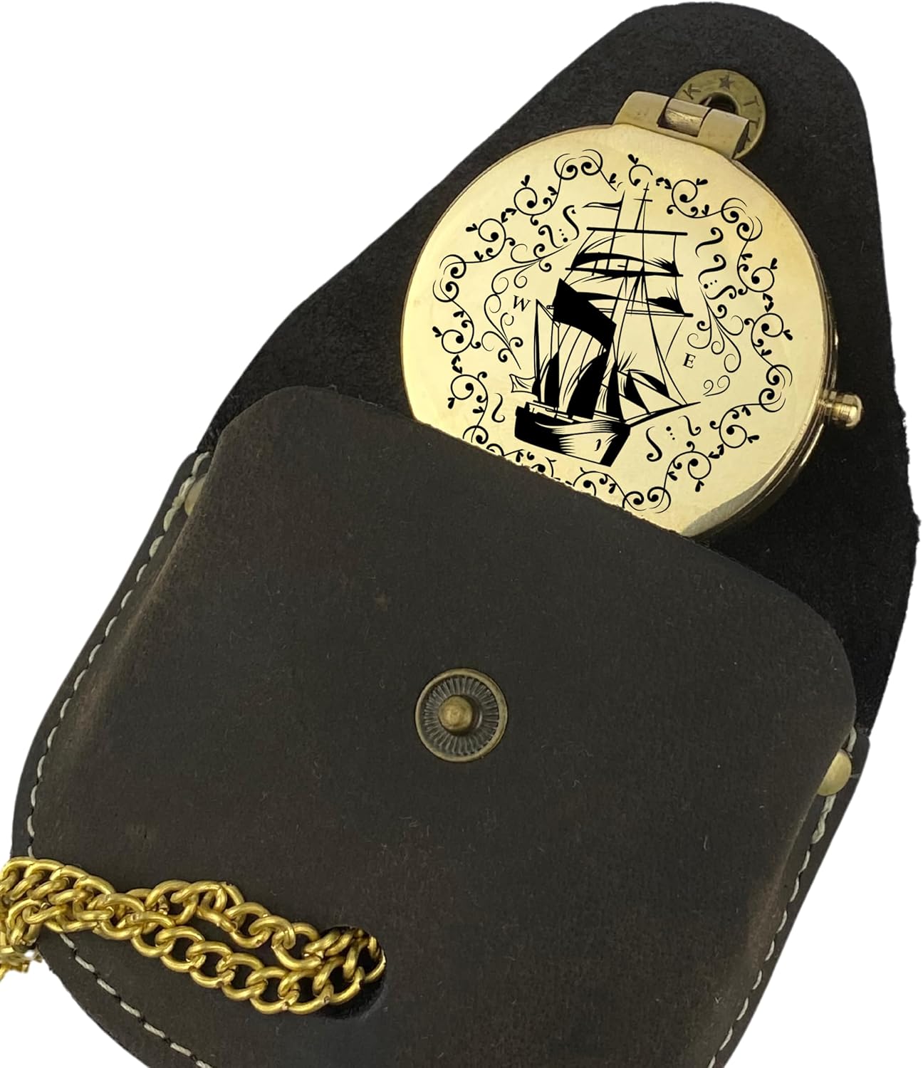 Leder Etui. Kompass in gold mit Gravur Schiff